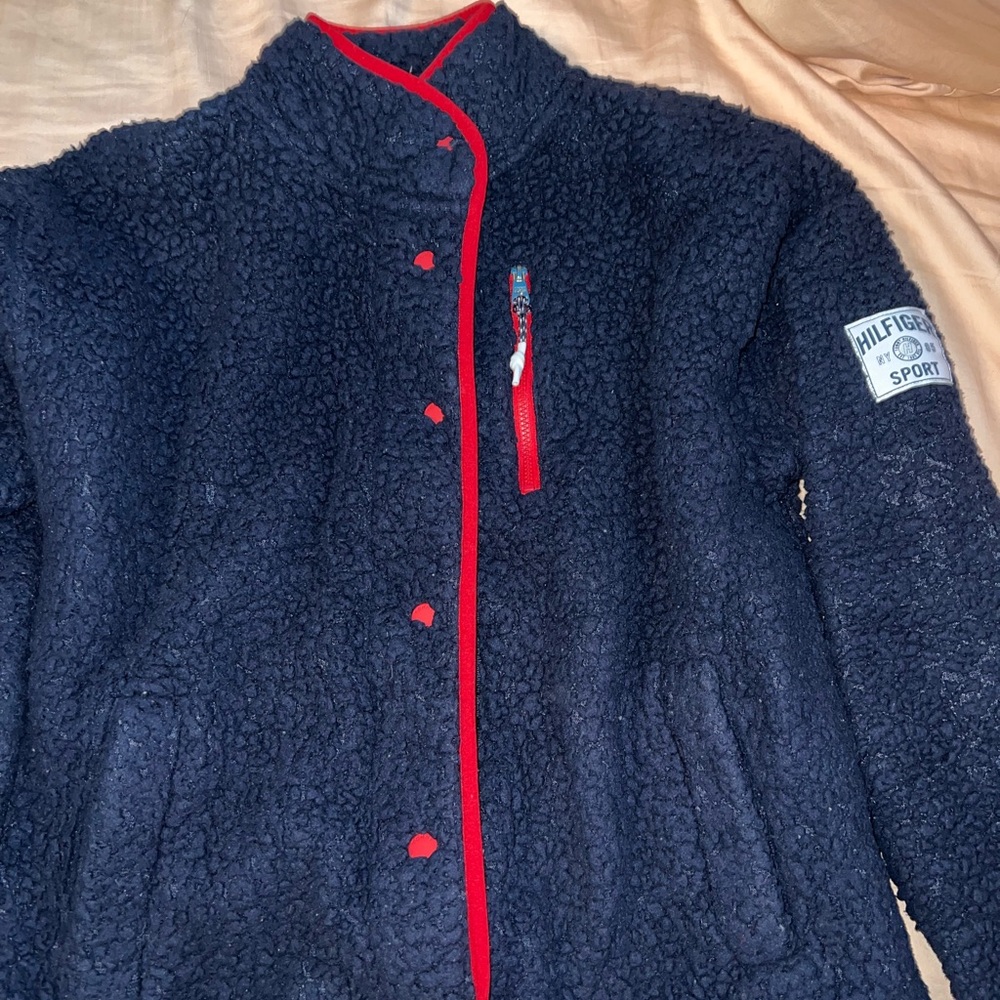 Tommy Hilfiger Navy Sherpa Jacket with Red Trim Accents